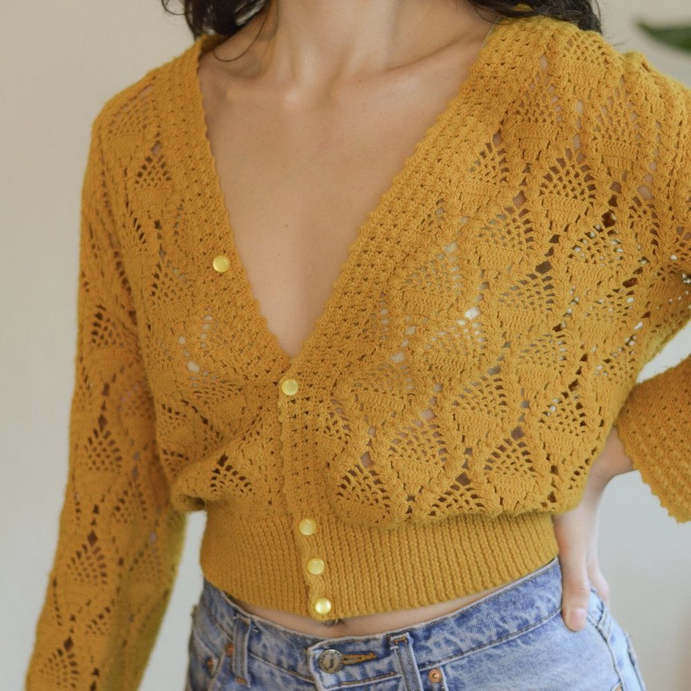 Vintage 70's Crochet Sweater w/ Flared Sleeves